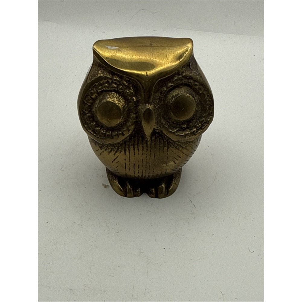 Solid Brass Owl Figurine Collectible MCM  Vintage Decor Paperweight Retro